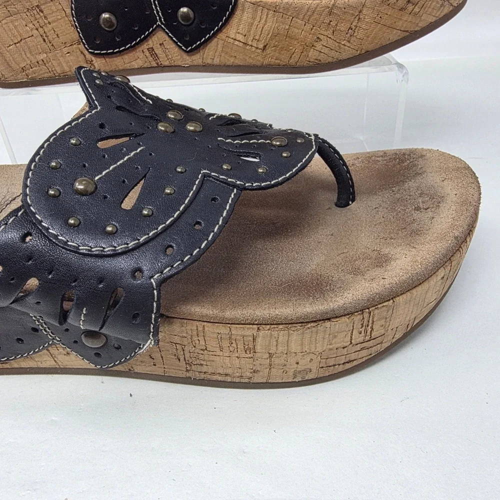 Clarks Artisan Wedge Sandals Women 9 Black Leather Cork Platform Flip Flop 18289